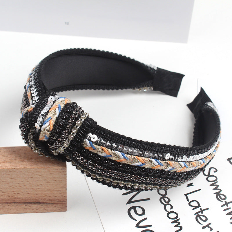 Wholesale Korea Studded Pearl Sequins National Pneumatic Drill Wide-brimmed Knot Hairband